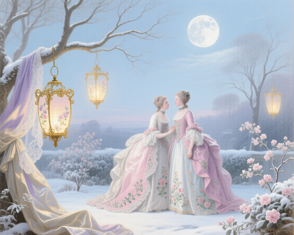 A winter moonlit garden with lanterns hanging from bare branches  