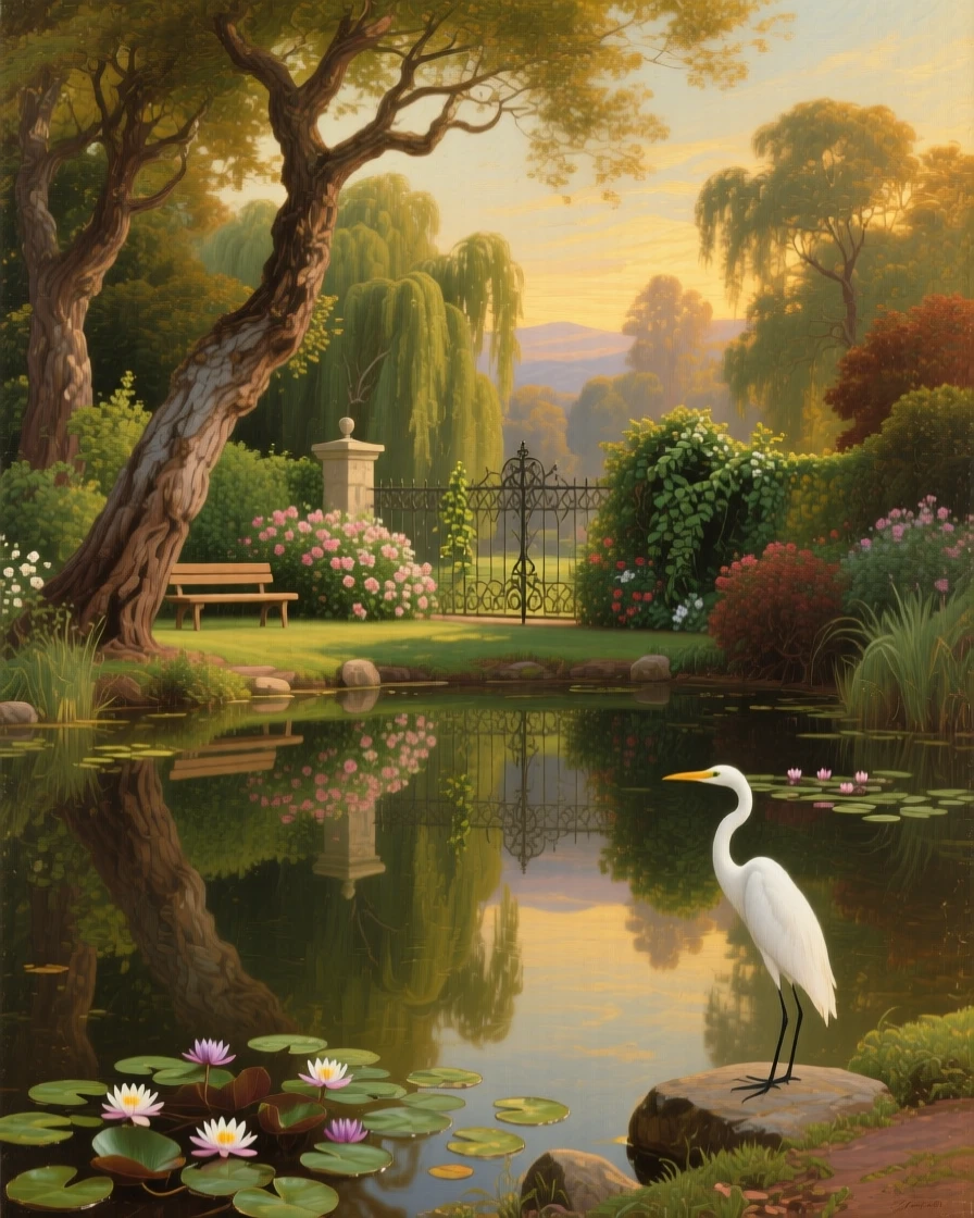 A pond filled with lilies reflects the surrounding garden in still water.
