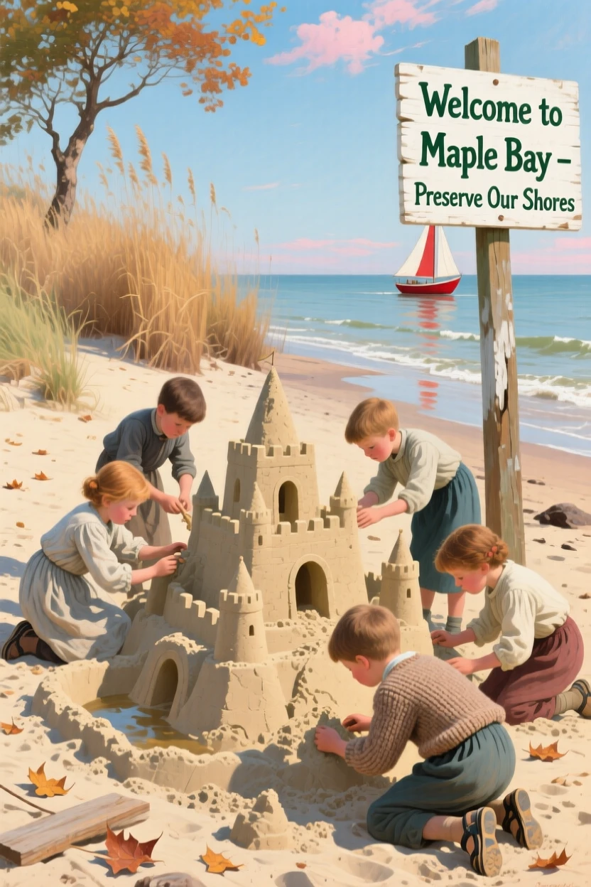 Children building an elaborate sandcastle together on a sunny beach, as the changing season is reflected in the surrounding setting, offering a heartwarming glimpse into ordinary, meaningful moments
