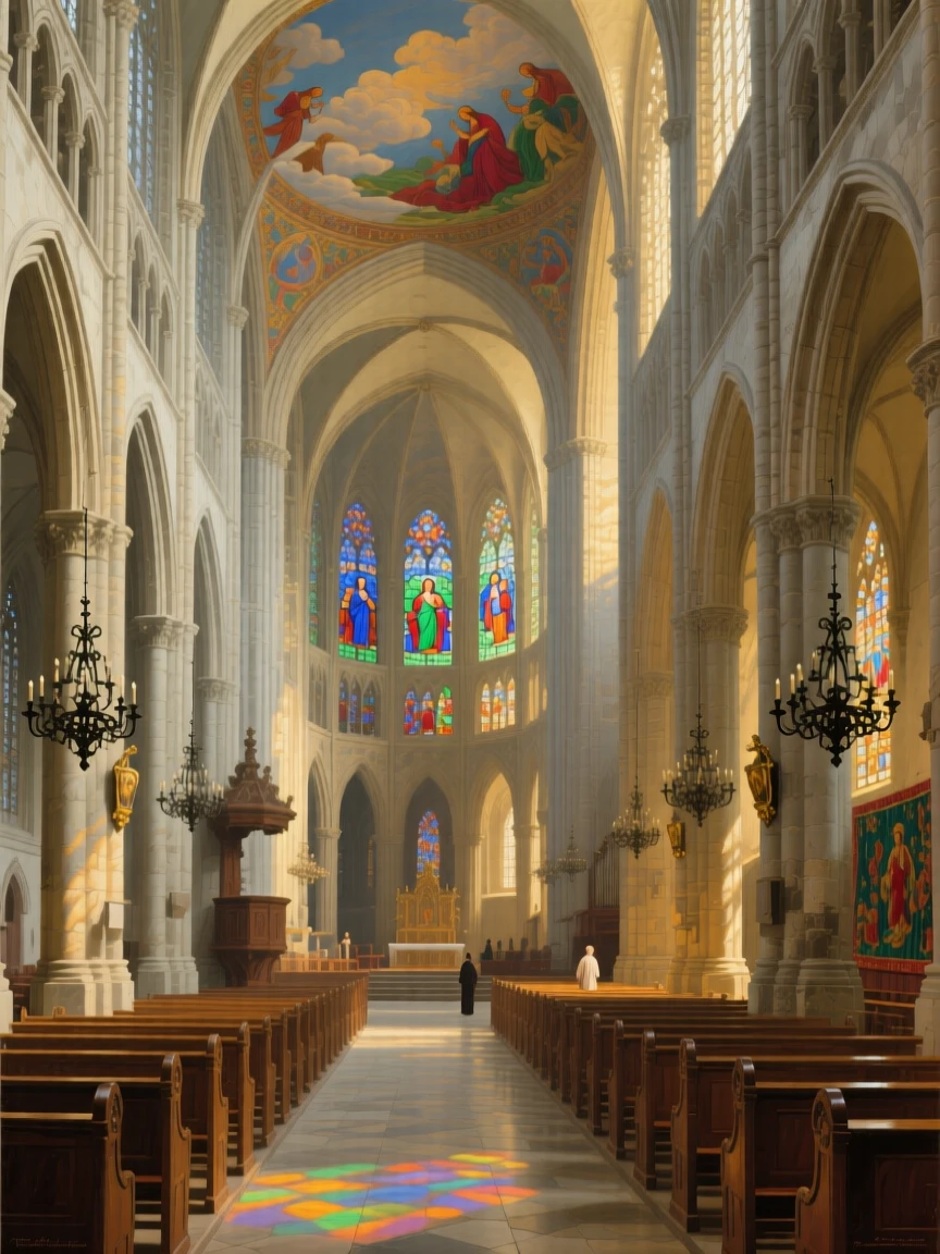 A cathedral nave bathed in colored light from stained glass windows resonating with the faint echo of distant footsteps, set inside a centuries-old cathedral of quiet reverence, with towering columns rising toward a painted, cloud-filled ceiling; warm interior light contrasts with cool light spilling in from outside, evoking timeless grandeur and quiet reverence.