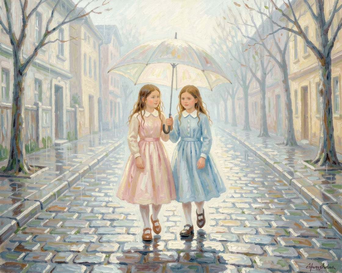 A pair of young sisters sharing an umbrella while walking home through a rain-soaked cobblestone street.