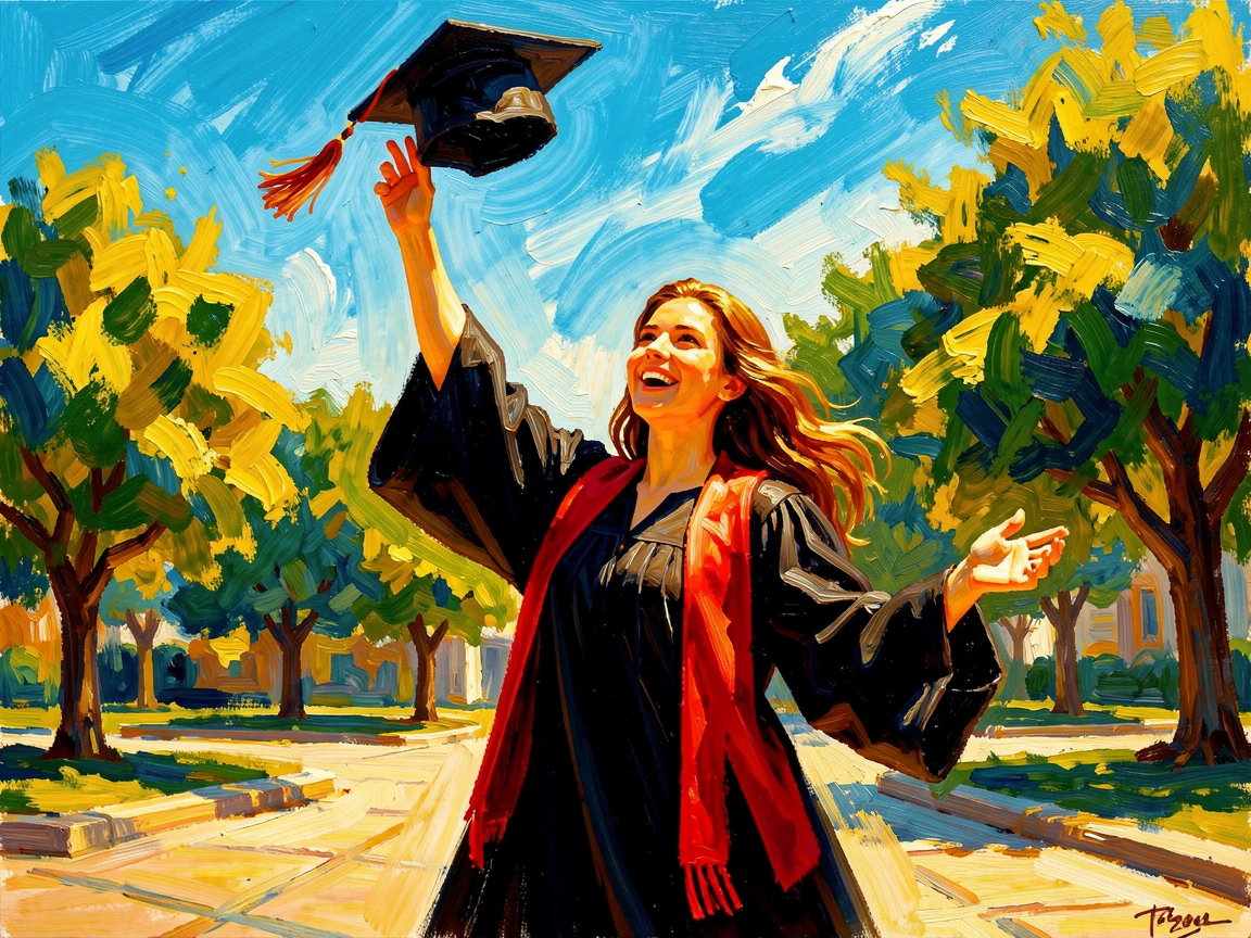 A proud new graduate tossing her cap into the air, sunlight catching her joyful expression.