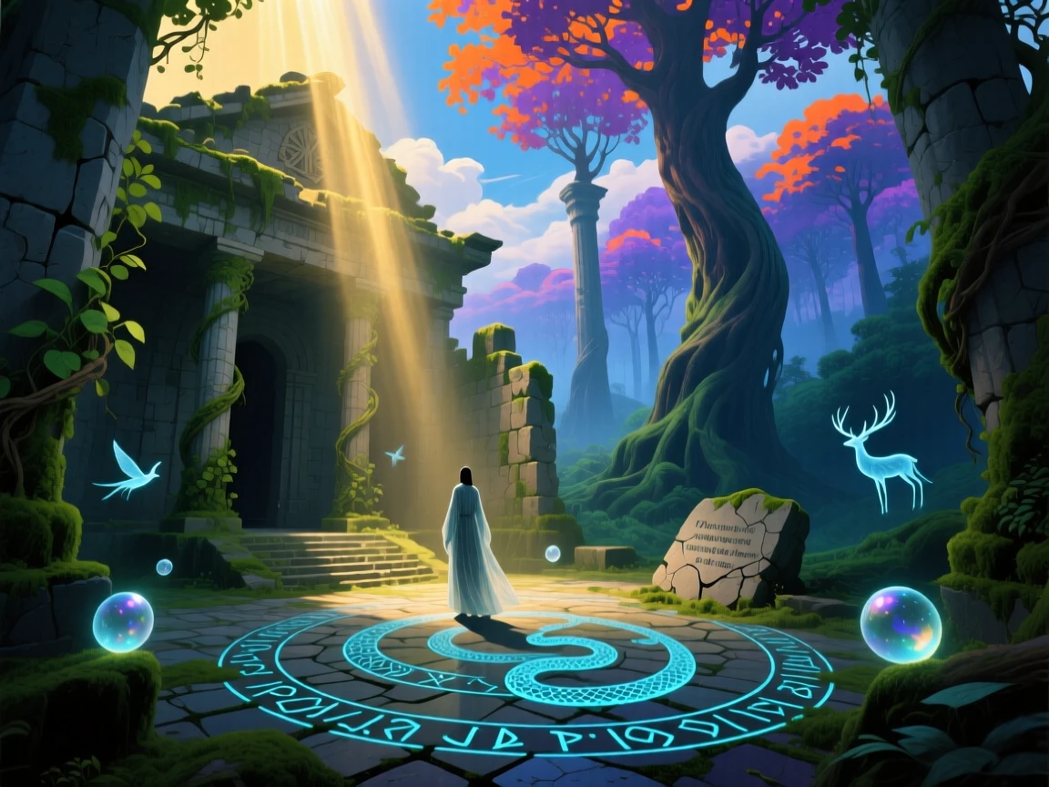 An ancient temple where light pours through a ceiling of open sky rests peacefully, reclaimed slowly by the surrounding forest, while a single figure explores its quiet, echoing halls.