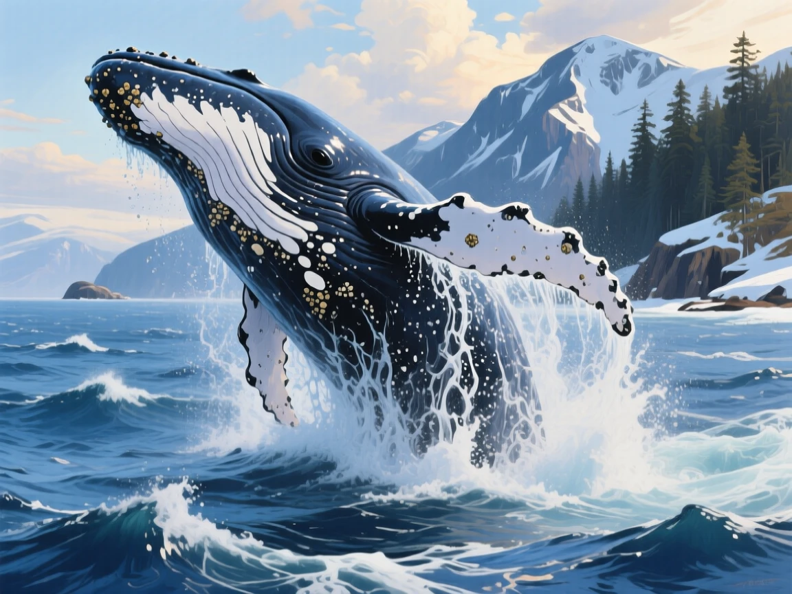 A massive humpback whale breaches dramatically off the coast of Alaska, water cascading off its enormous body as it crashes back into the sea, the scene suggesting a fleeting, candid moment rather than a posed encounter.