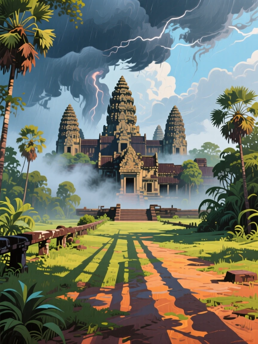 Angkor Wat temple emerging from thick jungle fog, as storm clouds gather overhead, long shadows stretching across the ground