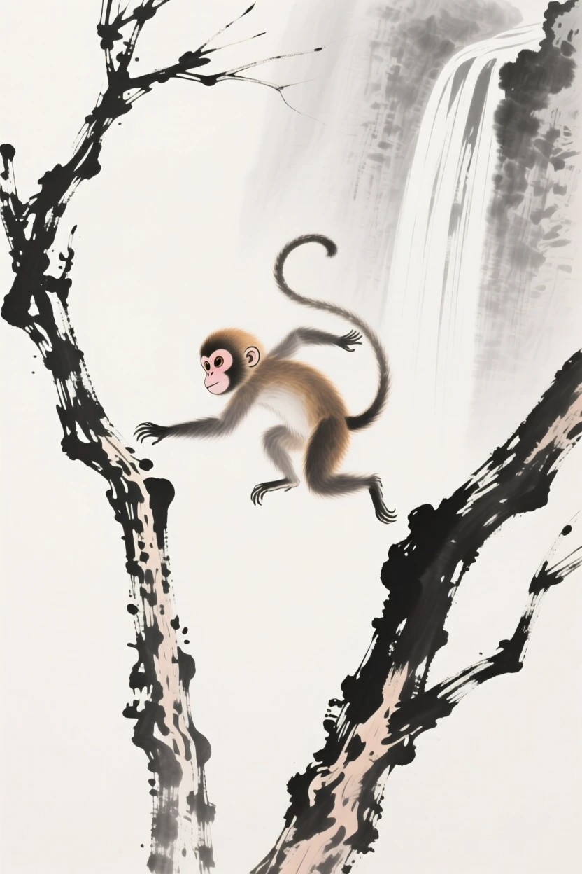 A young monkey leaps between two swaying branches, with a waterfall visible in the distance.