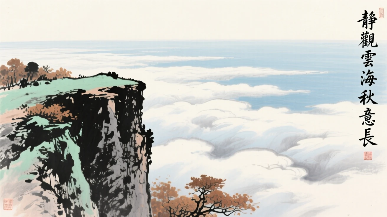A cliffside overlook facing an endless sea of clouds, in late autumn, suffused with quiet joy.