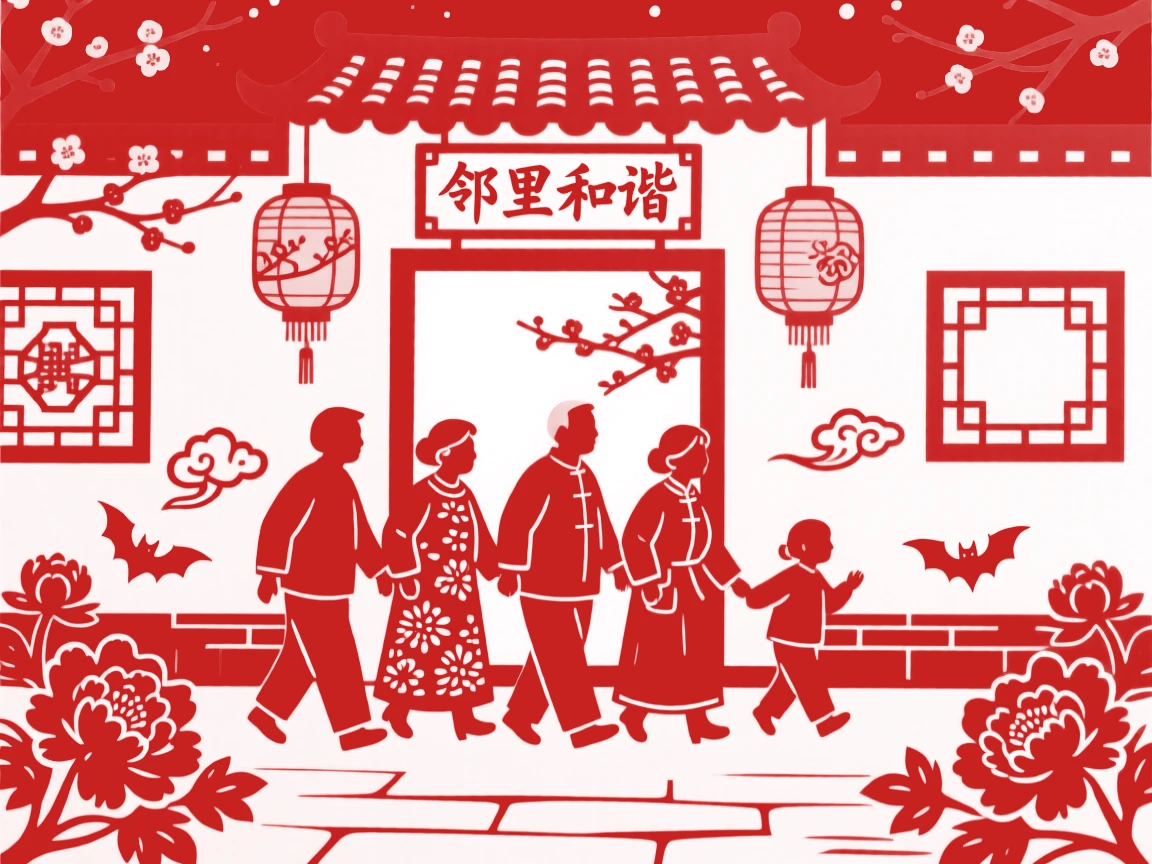 A group of neighbors, walking home along a lantern-lit street, in a scene of quiet contentment and simple joy.