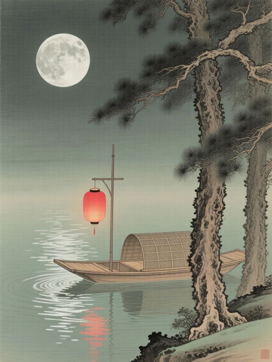 A single lantern boat drifting beneath a full moon, framed by the silhouettes of ancient pine trees
