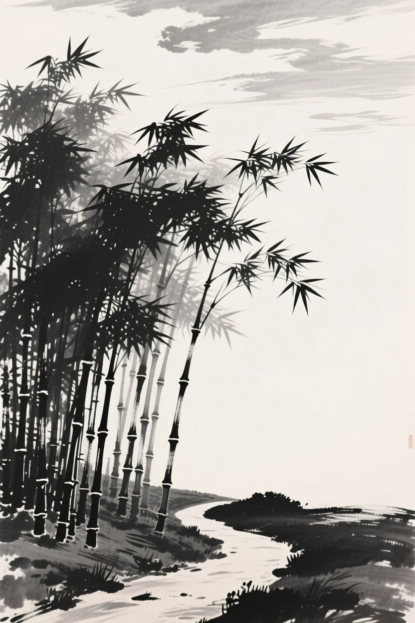 A dense bamboo grove swaying beside a narrow footpath under a wide open sky scattered with drifting clouds, captured from a narrow path winding into the depth of the scene, suggesting the quiet vastness of the natural world.