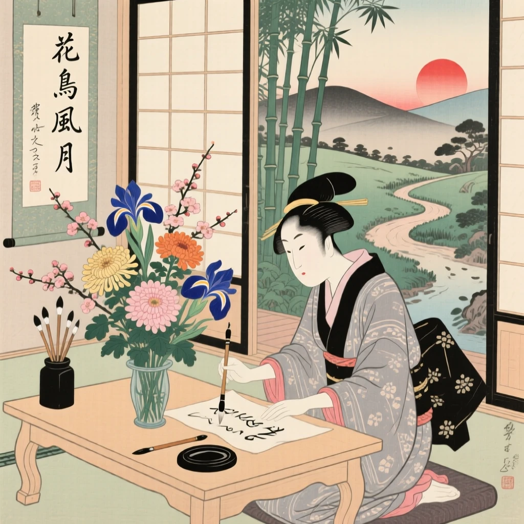 A calligrapher arranging a graceful bouquet of seasonal flowers.