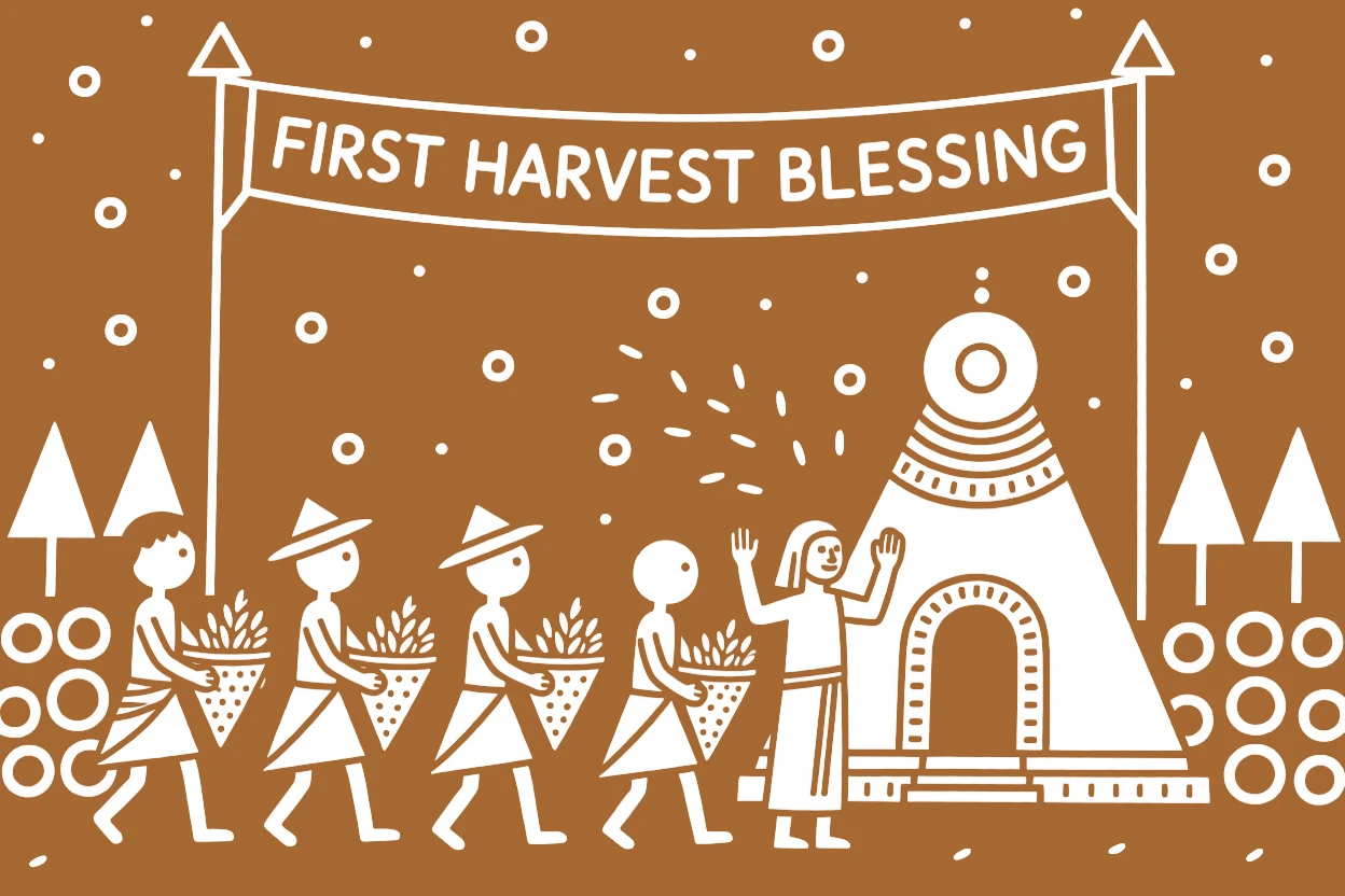 A temple procession celebrated as farmers bring the first grains of the harvest to be blessed.
