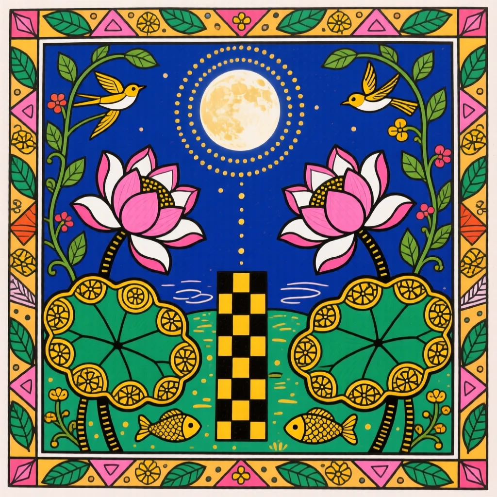 Moonlight falling softly over a garden of sleeping lotus flowers.