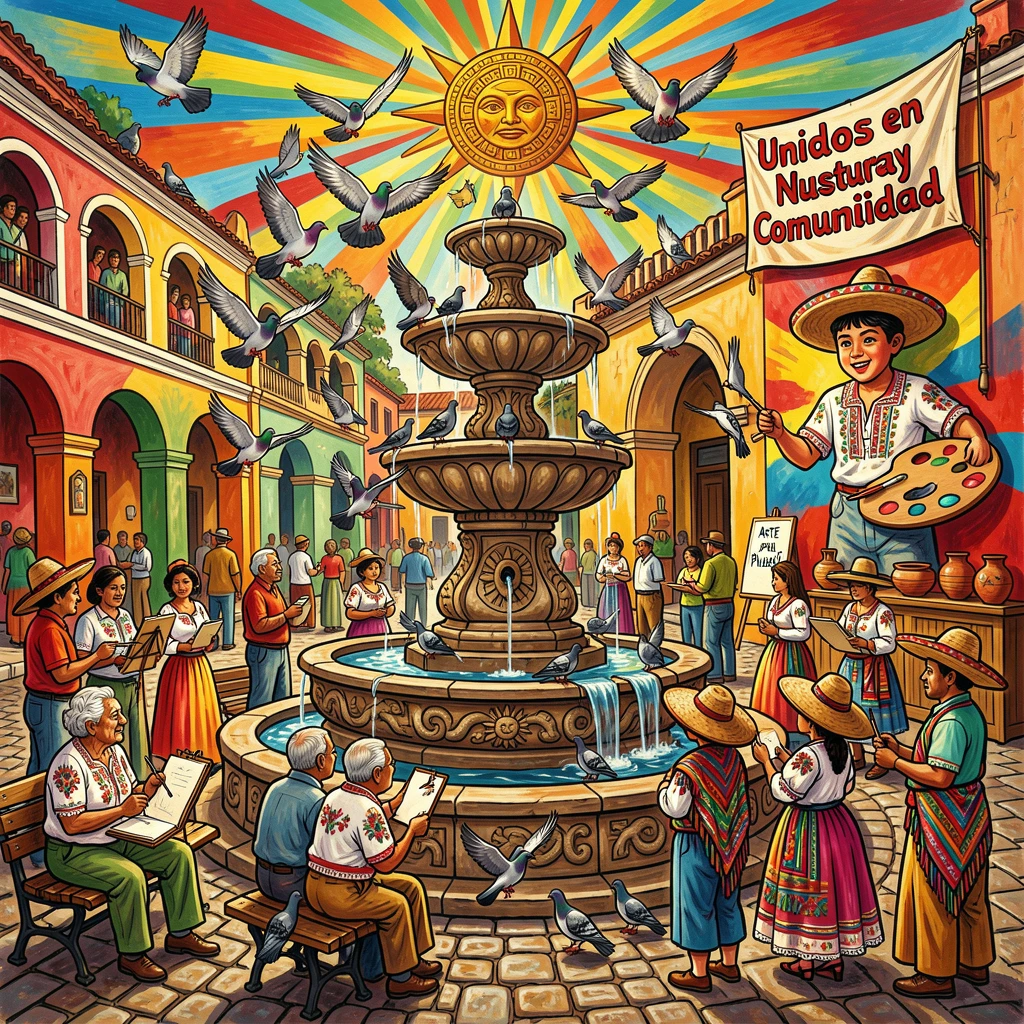 A grand fountain plaza filled with pigeons and strolling visitors