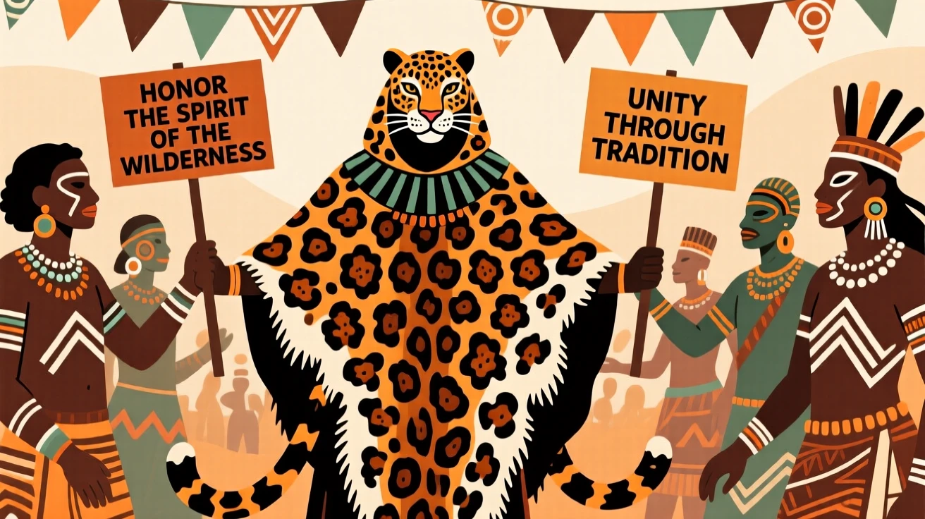 A leopard-skin ceremonial cloak displayed at the center of a community celebration.