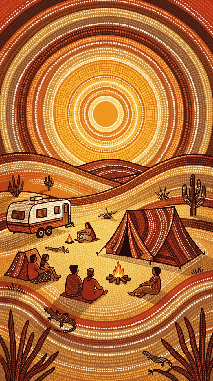 Travelers resting at a desert caravan camp at sunrise