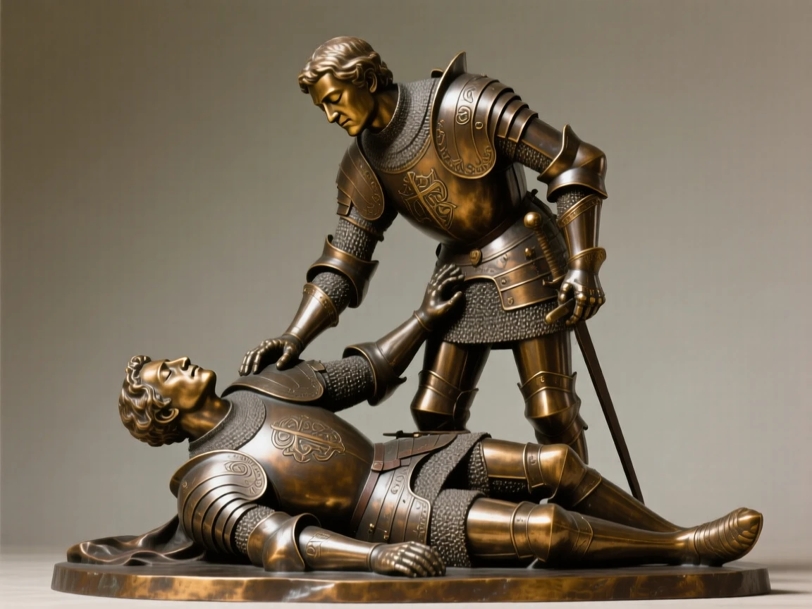 A knight helping a fallen comrade to his feet, with eyes closed in peaceful serenity, forming a strong central focal point