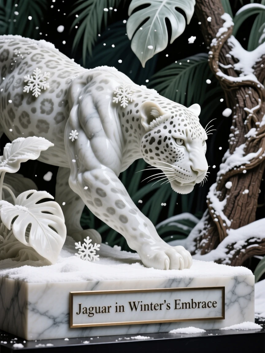A striking close-up of a jaguar prowling through dense jungle, full of life and grace, surrounded by falling snow
