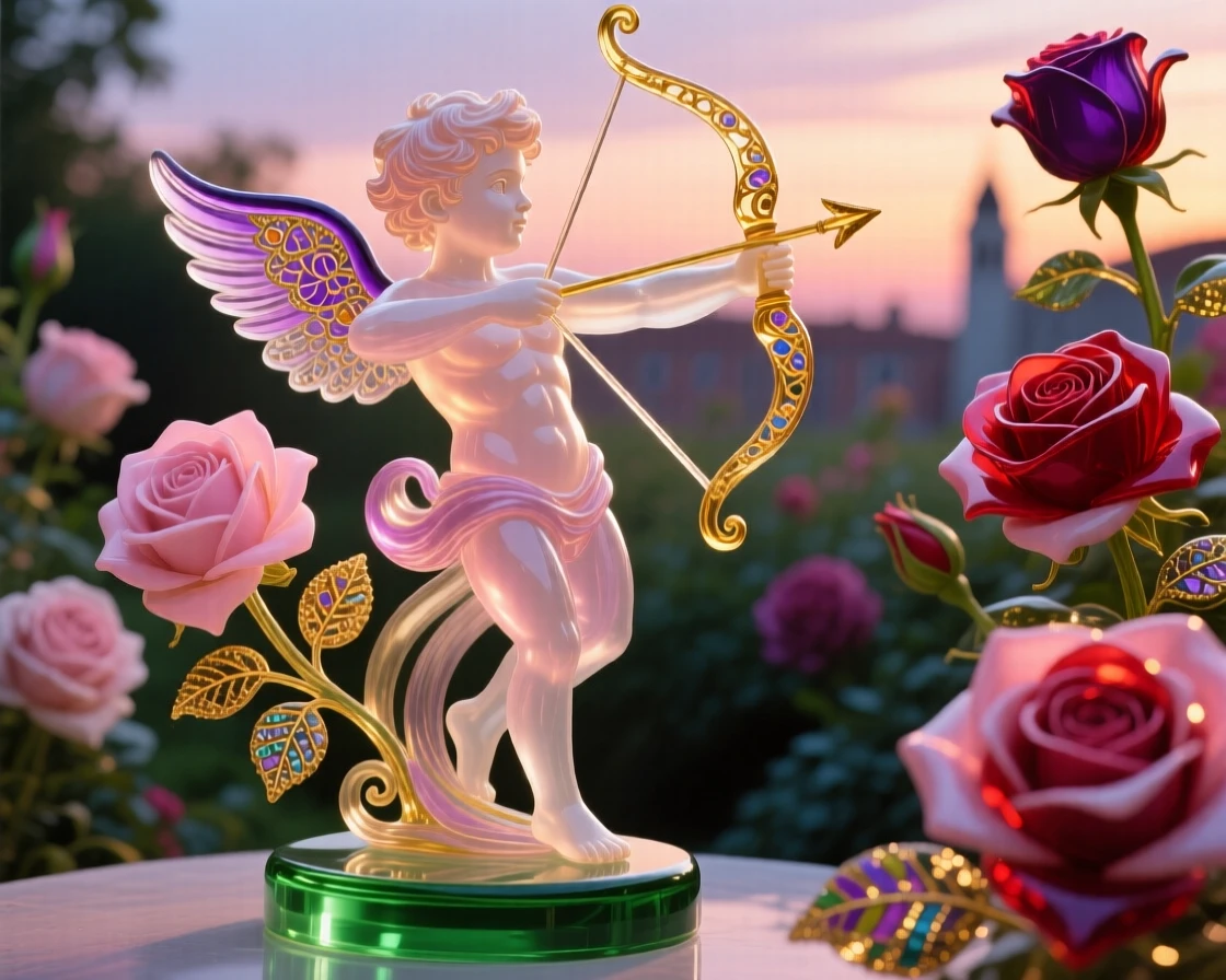 Cupid drawing his bow amid a garden of blooming roses at dusk, romantic and whimsical.