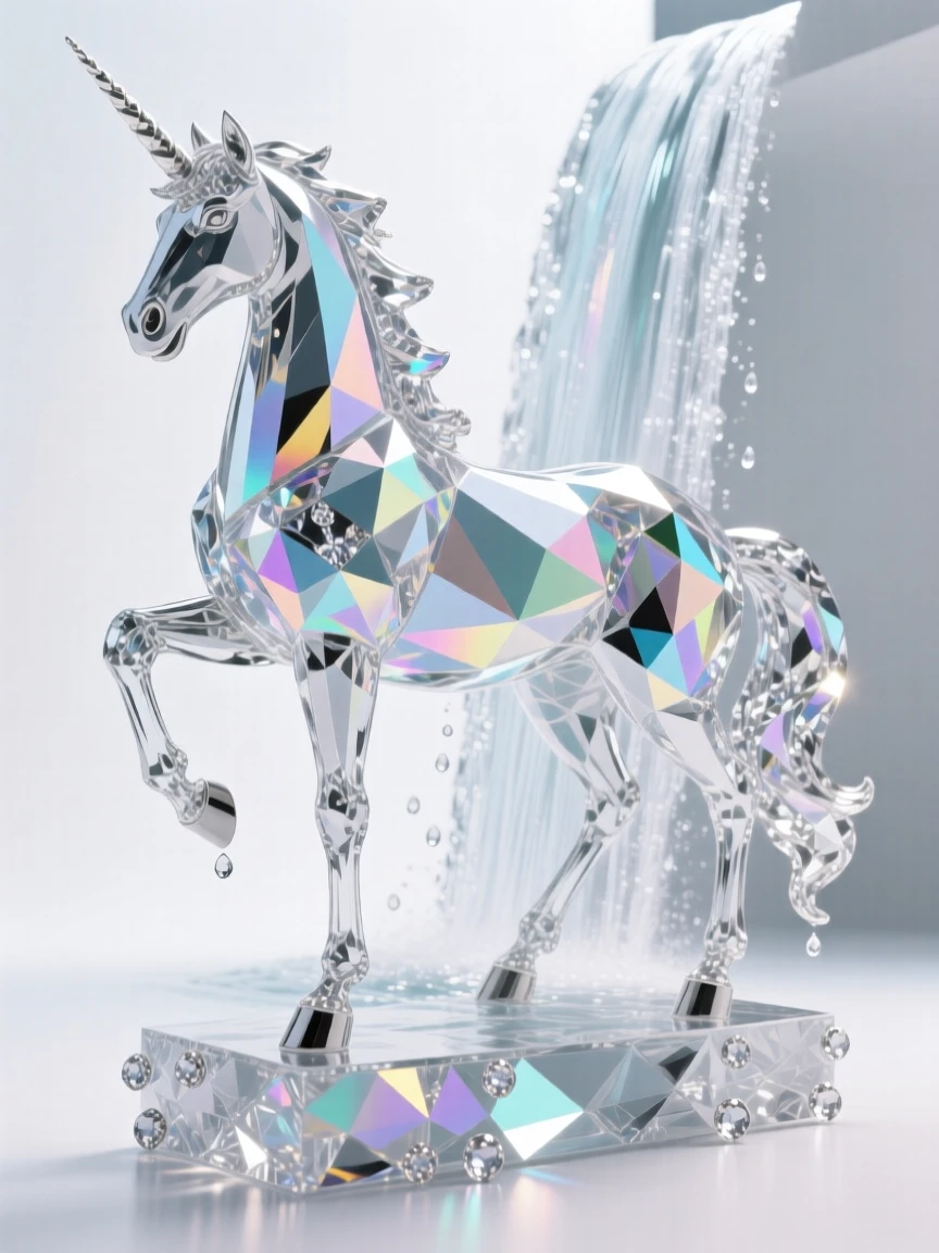 A crystal unicorn standing at the edge of a waterfall that flows upward into the sky.