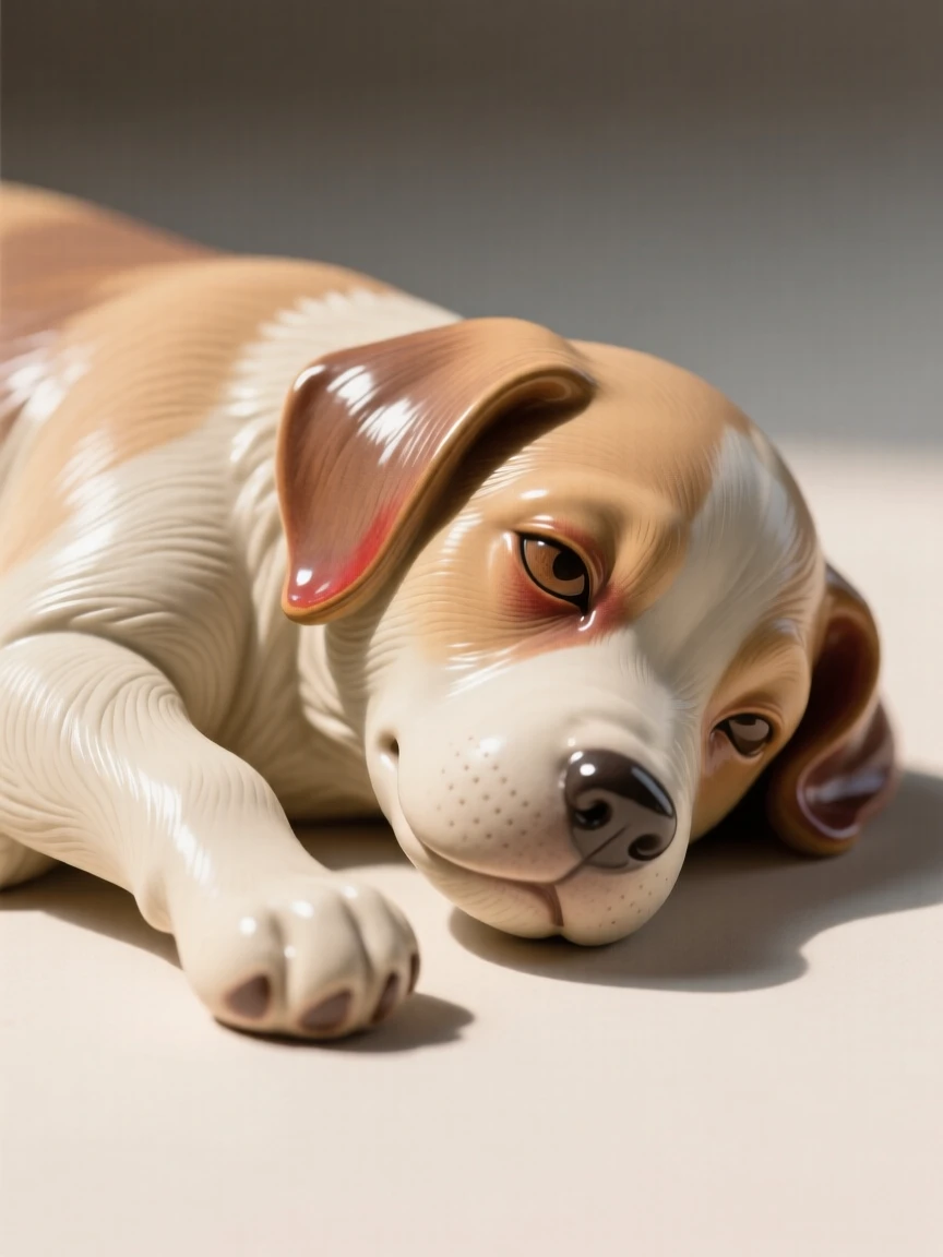 A sleeping puppy stretched out in warm afternoon light, its eyes wide with gentle curiosity, conveying calm strength and quiet pride.