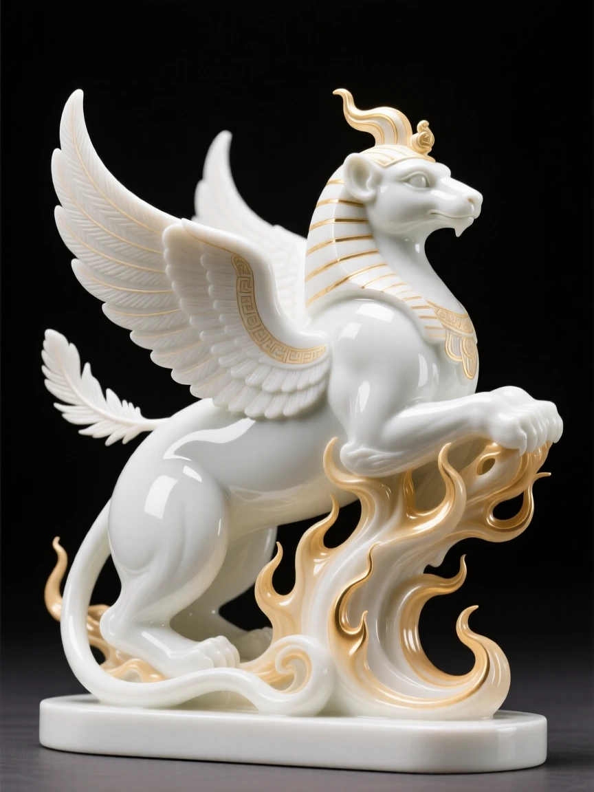 A majestic sphinx rising from a burst of flame and feathers, an aura of quiet, ancient power surrounding it.