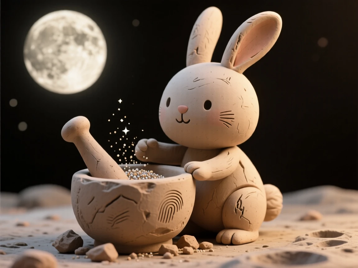 A moon rabbit pounding stardust in a lunar mortar and pestle