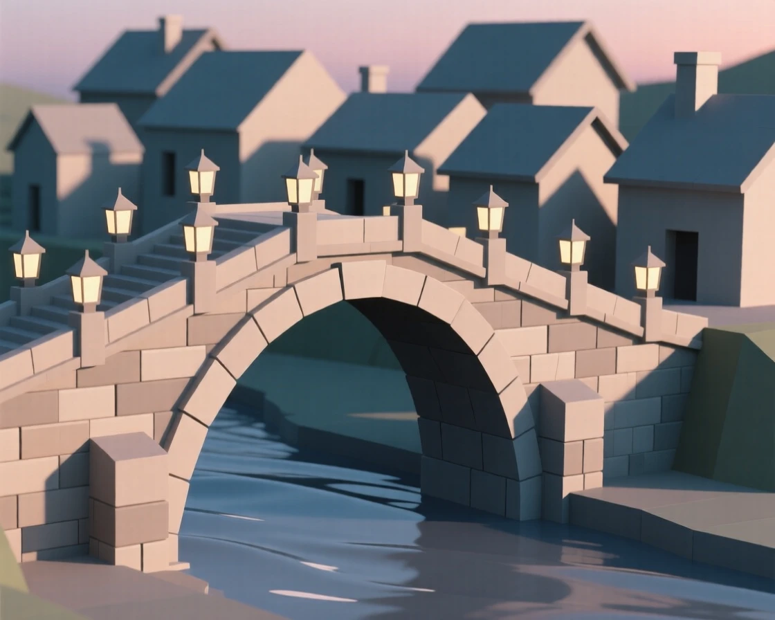 An old stone bridge arching over a slow river, as lantern light flickers to life at dusk. the composition highlights layered rooftops and textures. A quiet grandeur fills the setting.