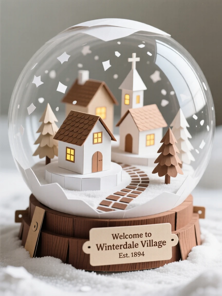 A gigantic snow globe containing an entire miniature snowy village, soft light glowing from within as snow drifts inside, evoking nostalgic magic.