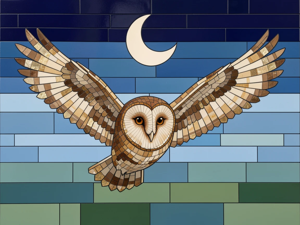 A close-up portrait of a barn owl in silent flight over a moonlit field, showing rich fur or feather detail and expressive eyes.