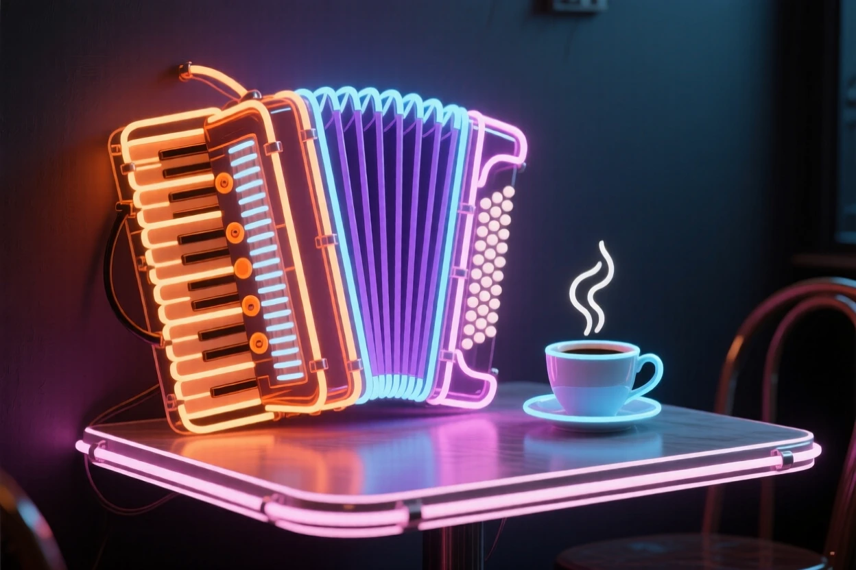 An accordion resting on a café table beside a cup of coffee.