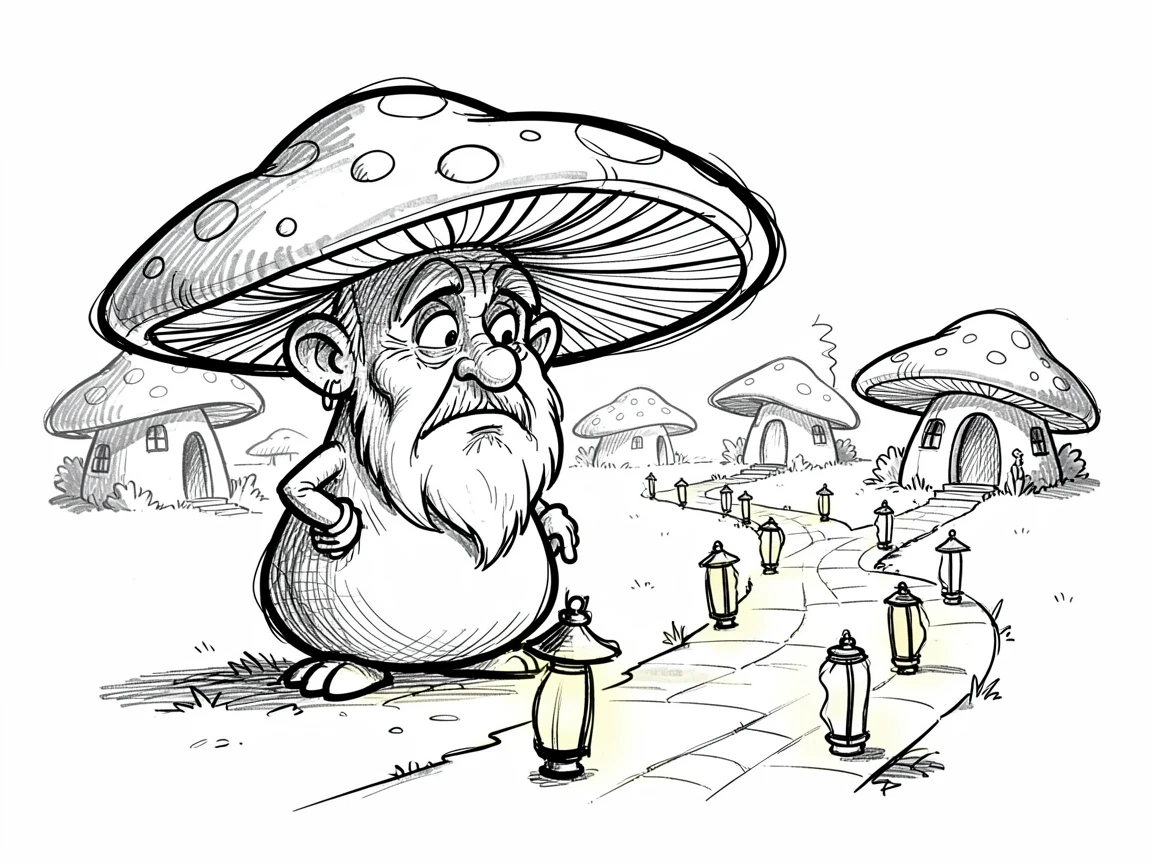 A talking mushroom village elder beside a lantern-lit path.