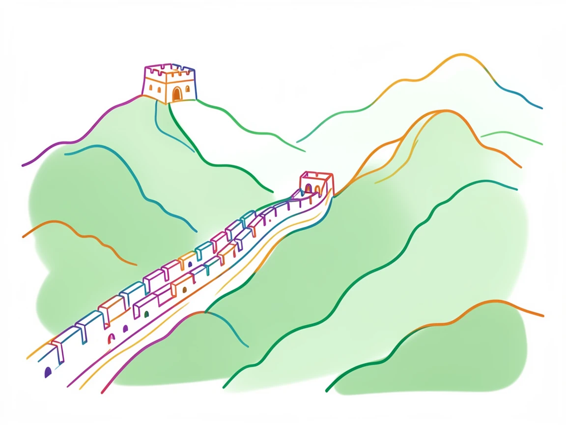 The Great Wall of China winding across misty green mountains.