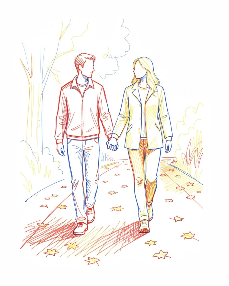 A couple walking hand in hand along a quiet autumn path