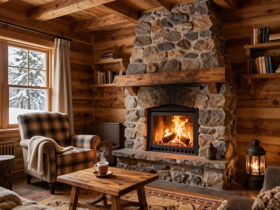 A cozy cabin interior with a crackling fireplace