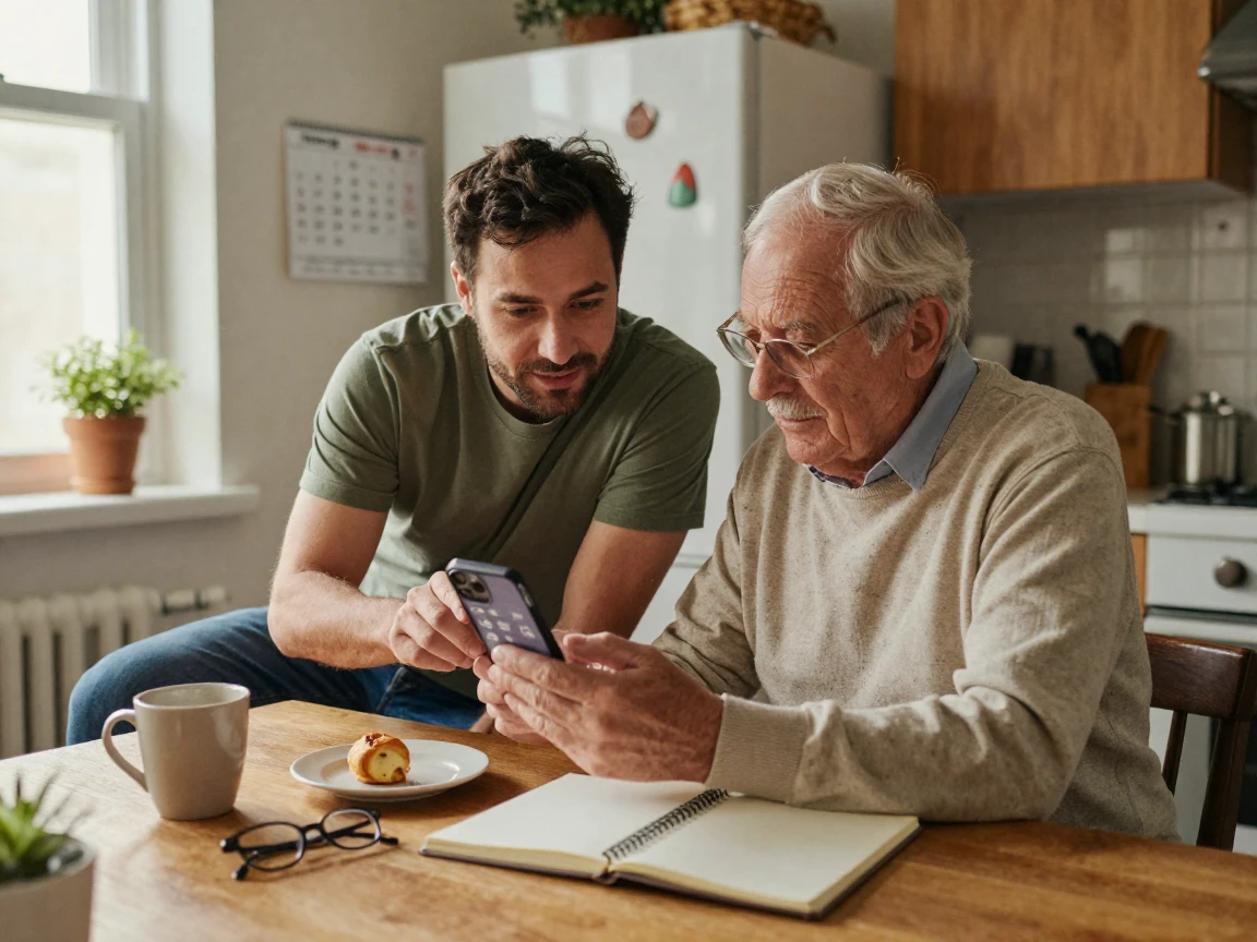 A man teaches his elderly father to use a smartphone at the kitchen table.
