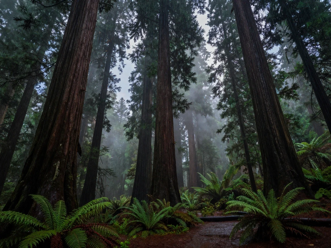 A dense forest of ancient redwoods during a sudden summer storm