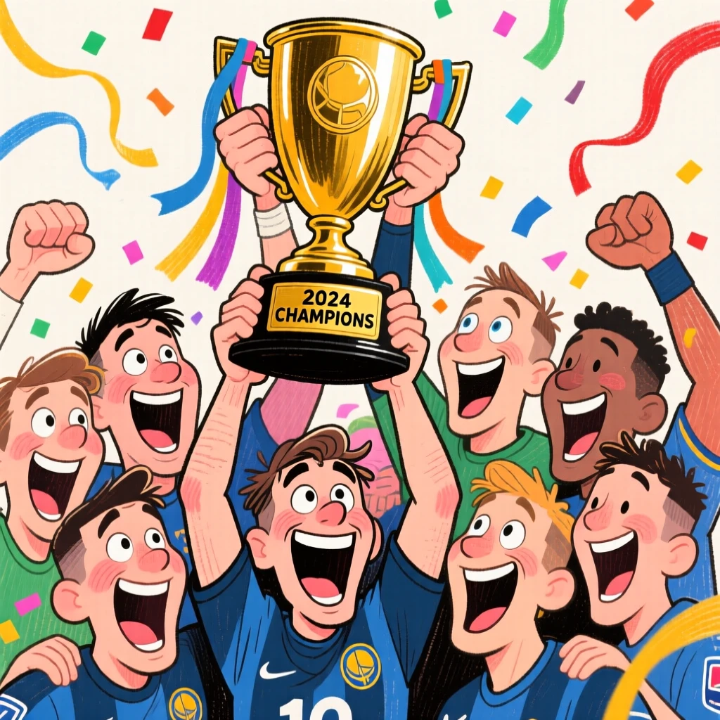 A team celebrating a championship win, trophy raised high above their heads.