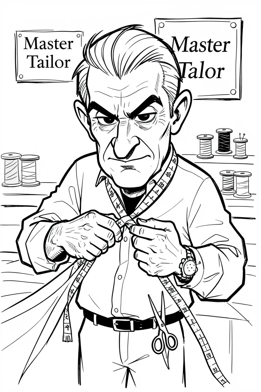[Occupations & Hobbies] Detailed scene of a skilled tailor measuring fabric with a tape around his neck, showcasing skill and dedication