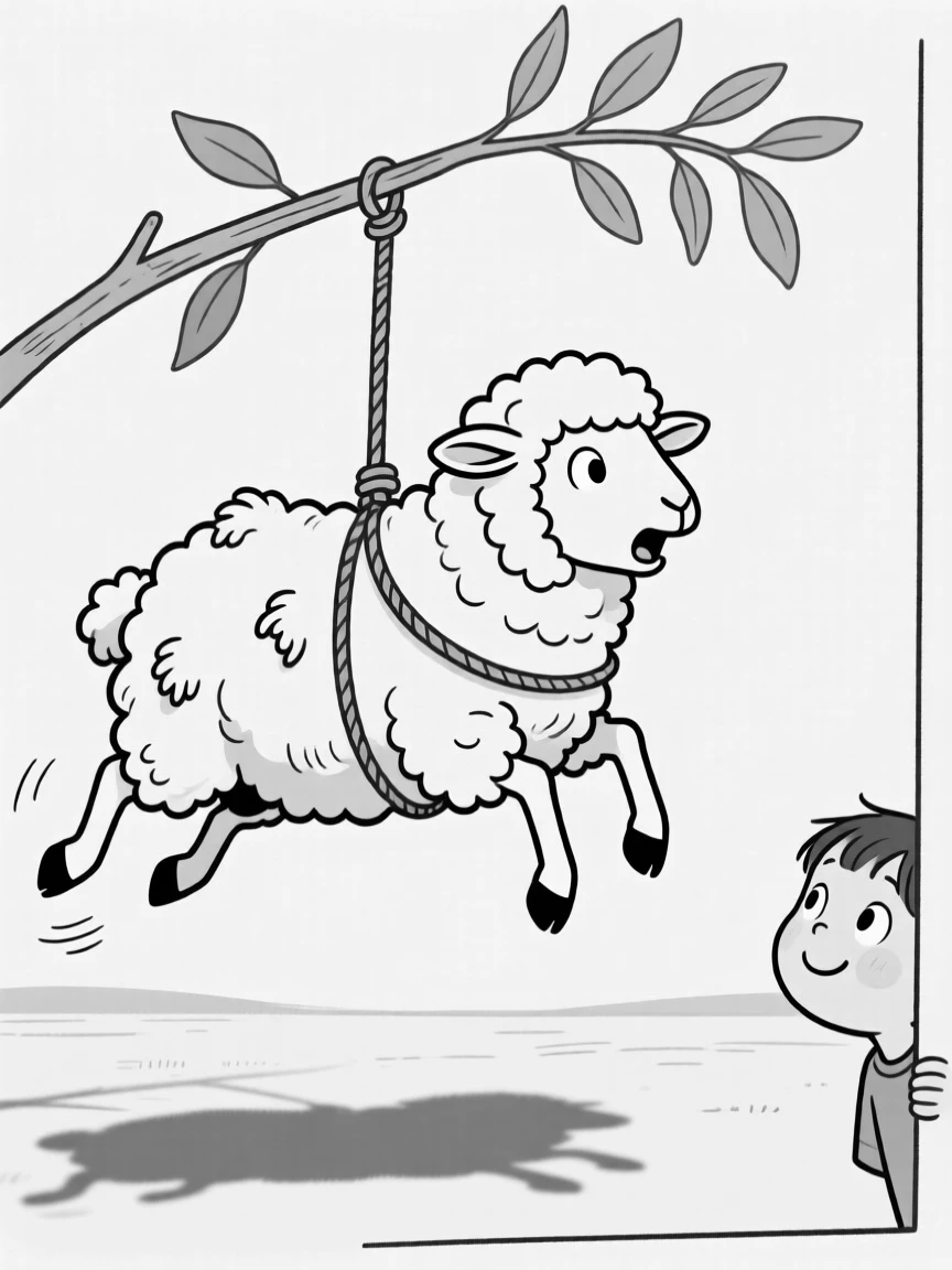 A fluffy sheep freshly and unevenly sheared, hopping sideways in surprise at its own shadow, set hanging from a eucalyptus branch. A curious child watches from just out of frame. It feels like the kind of photo that instantly earns a smile.