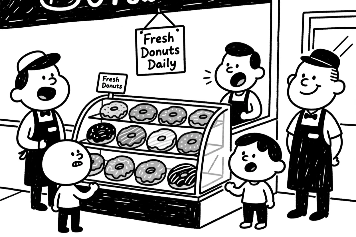 A donut shop display case bursting with colorful frosted donuts.