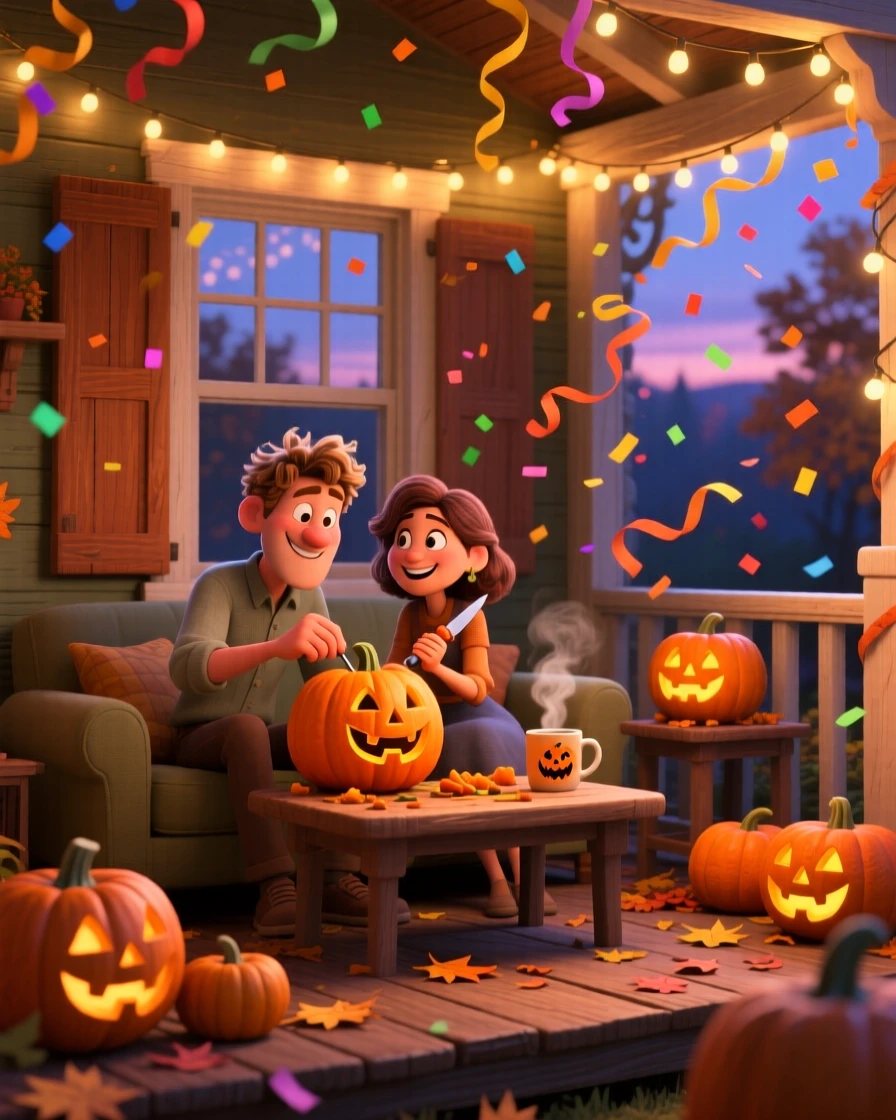 A couple carving pumpkins on a porch happens in a living room decorated with twinkling lights, with confetti and streamers filling the air. The mood is joyful, nostalgic, and full of celebration.