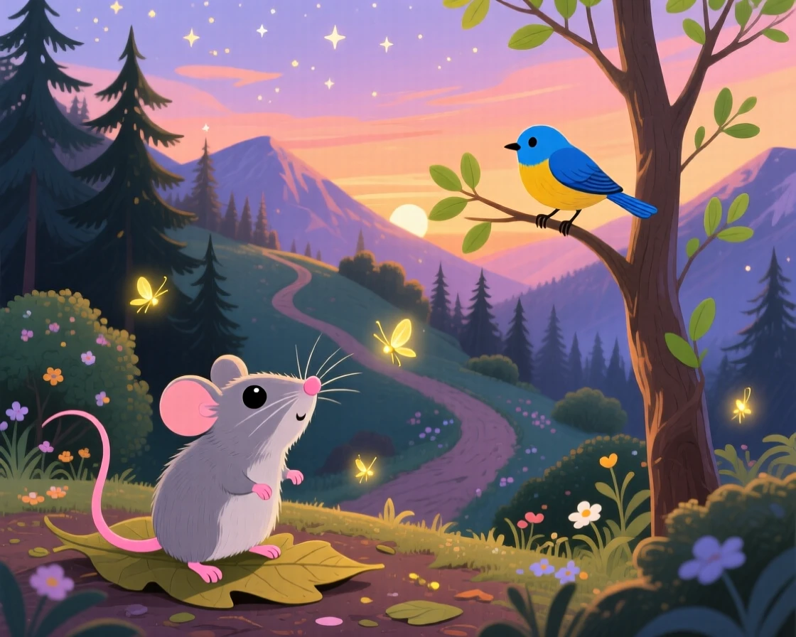 A tiny field mouse pauses from chasing fireflies at dusk to look up in a winding mountain trail, while a curious bird watches from a branch.