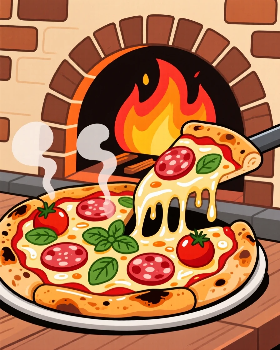 A pizza fresh from a wood-fired oven with bubbling cheese.