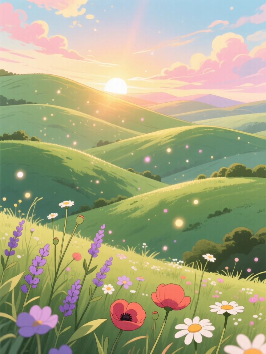 A breathtaking view of a chain of rolling green hills, with wildflowers swaying gently in the breeze, at sunrise, captured from a low angle looking up.