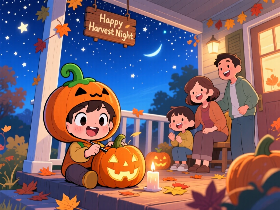 In a cozy autumn porch, a little boy in a pumpkin costume is carving a jack-o'-lantern with his family under a starry midsummer night sky, bathed in cool blue twilight glow, expression full of wide-eyed wonder. Shot as a dynamic diagonal composition.