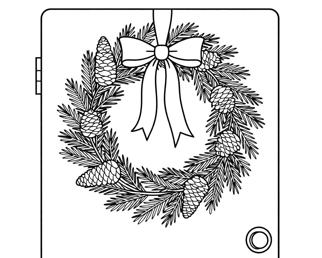 A wreath hanging on a front door decorated with pinecones