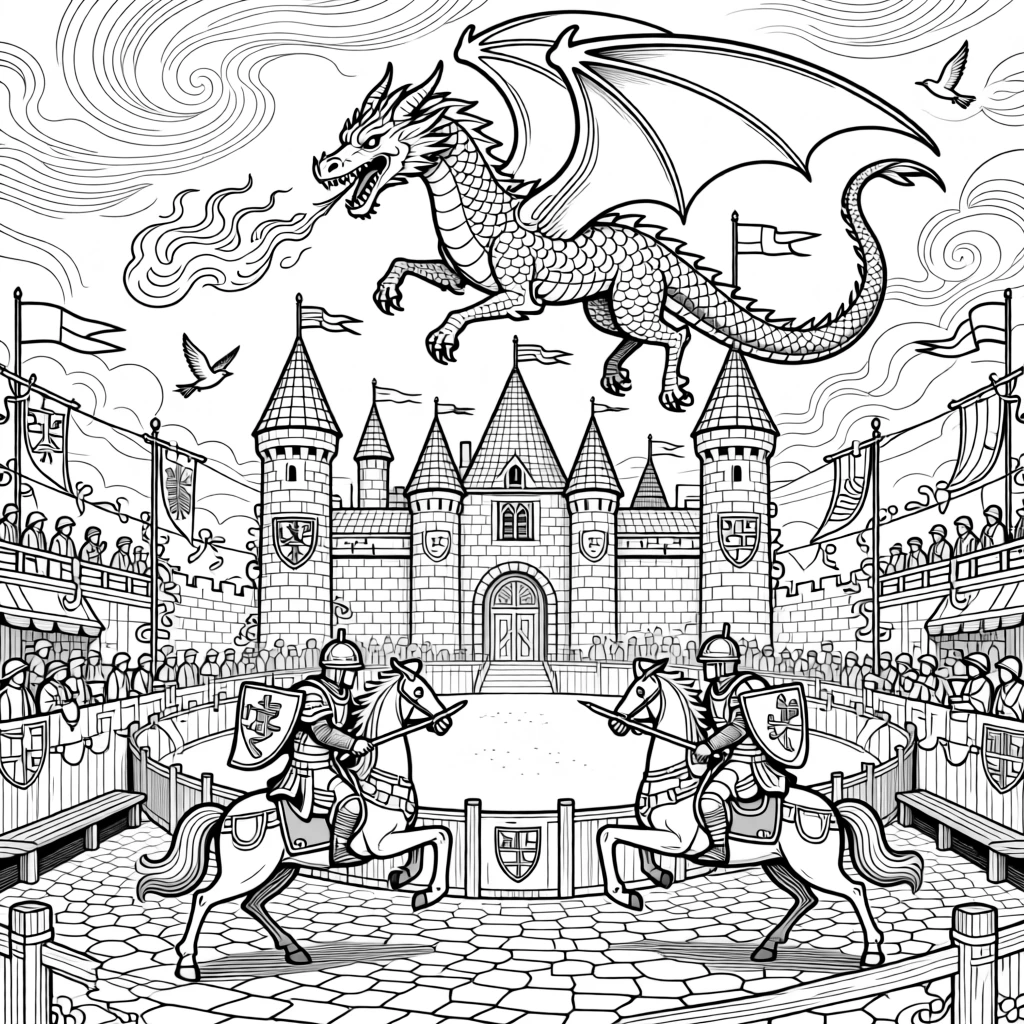 A dragon soaring above a medieval castle during a tournament.