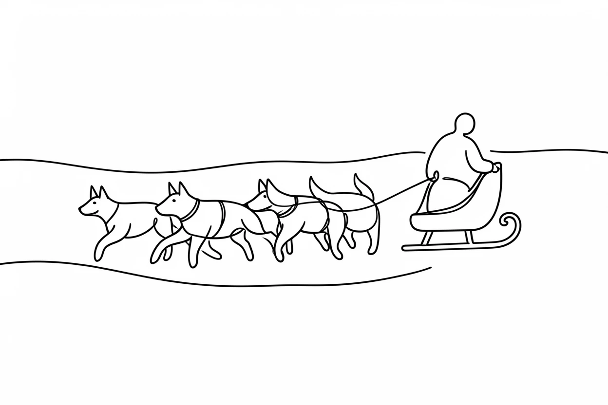 A dog sled team racing across a snowy arctic landscape