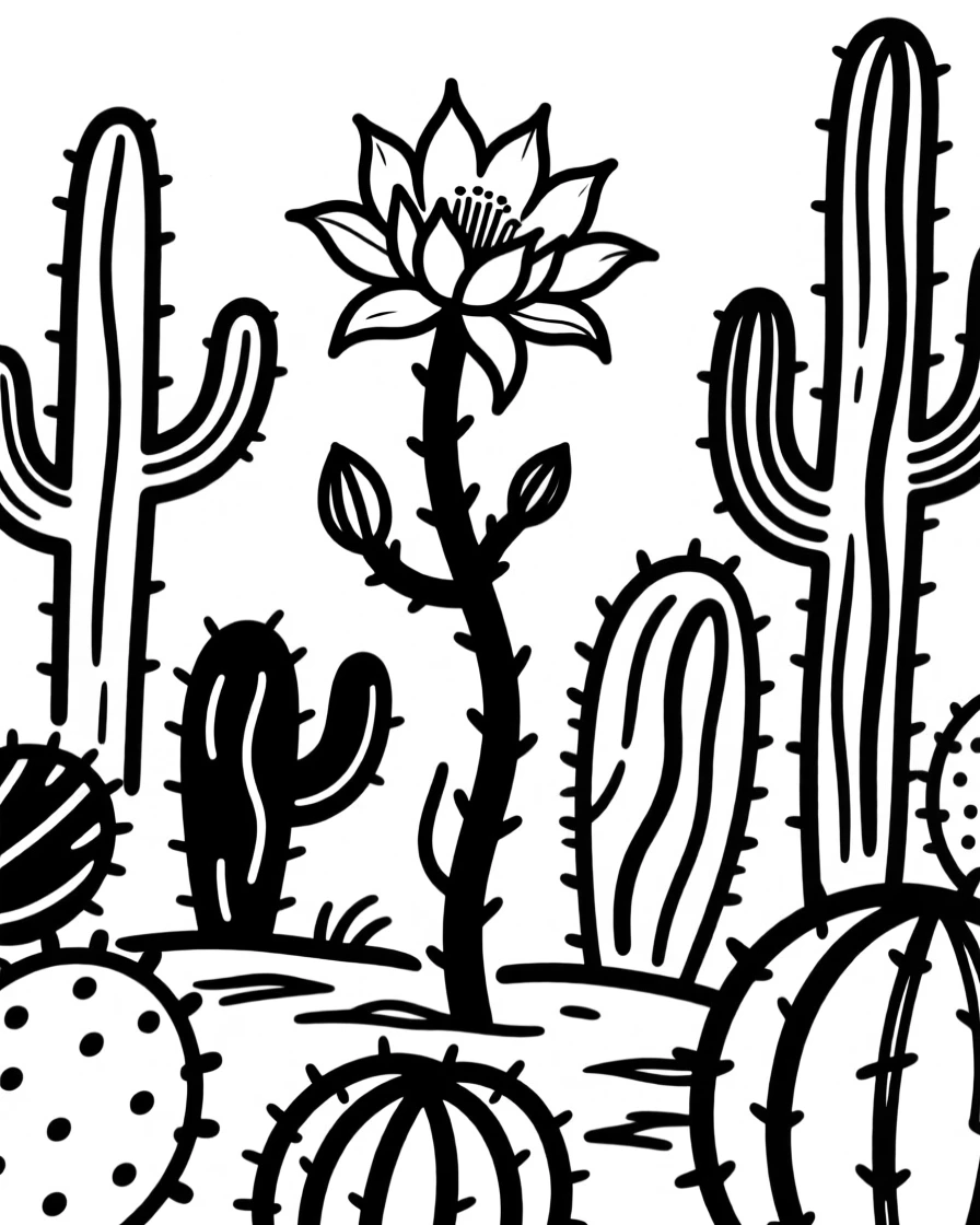 A cactus garden with varied shapes and a single blooming flower among them.